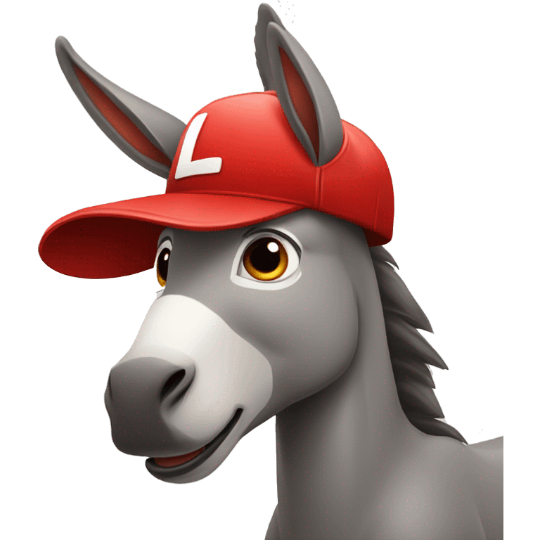 a donkey wearing a red cap with a scared expression and making the letter L with his hand emoji