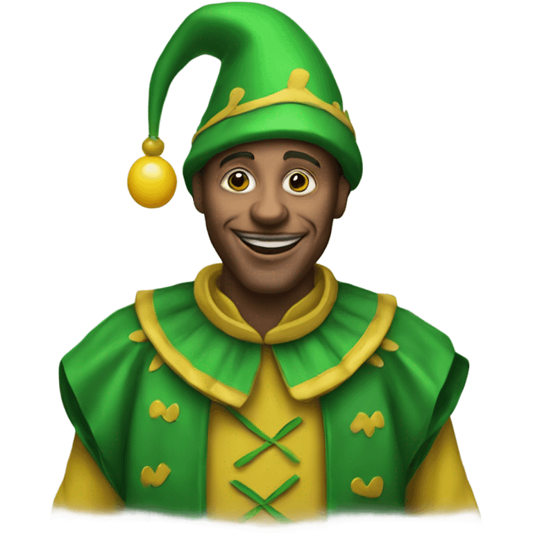 A traditional jester who is wearing green and yellow emoji