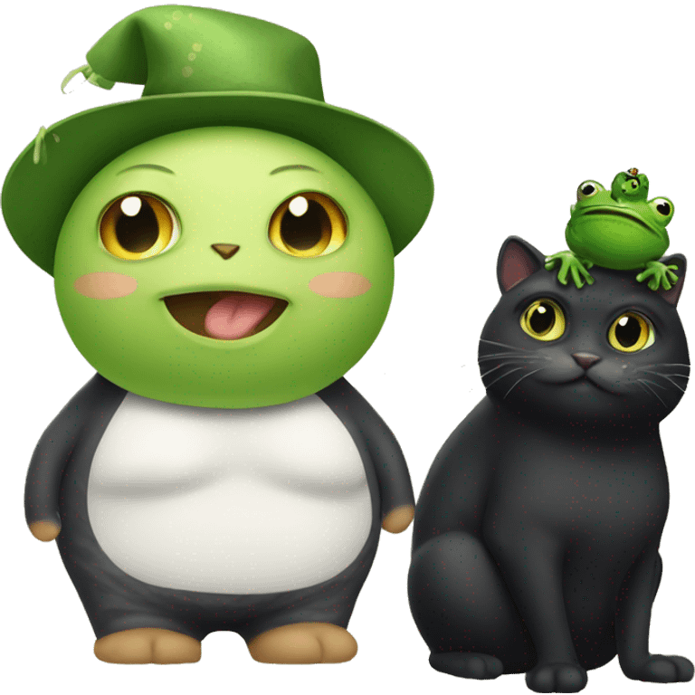 fat black cat with a frog hat  emoji