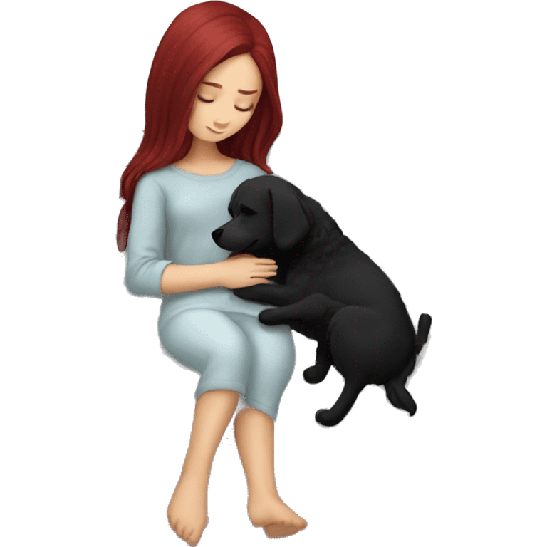 Dark red hair girl sleep with her maltese black dog emoji