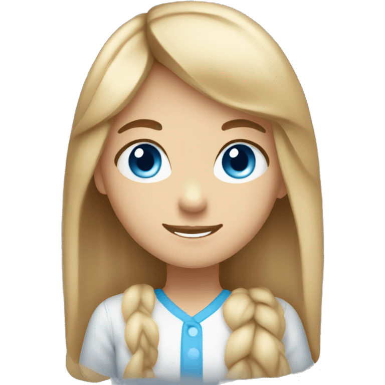 Girl with blue eyes and long brown hair with blonde bangs and cute smile emoji