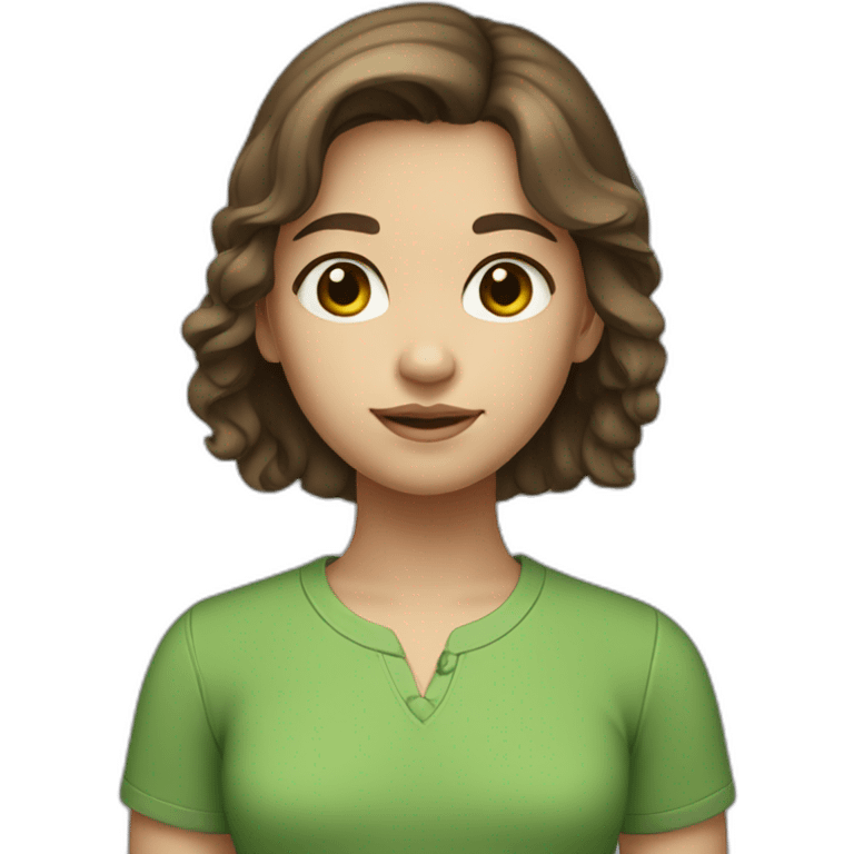 A young girl with white skin, brown hair, brown eyes, and a green shirt  emoji