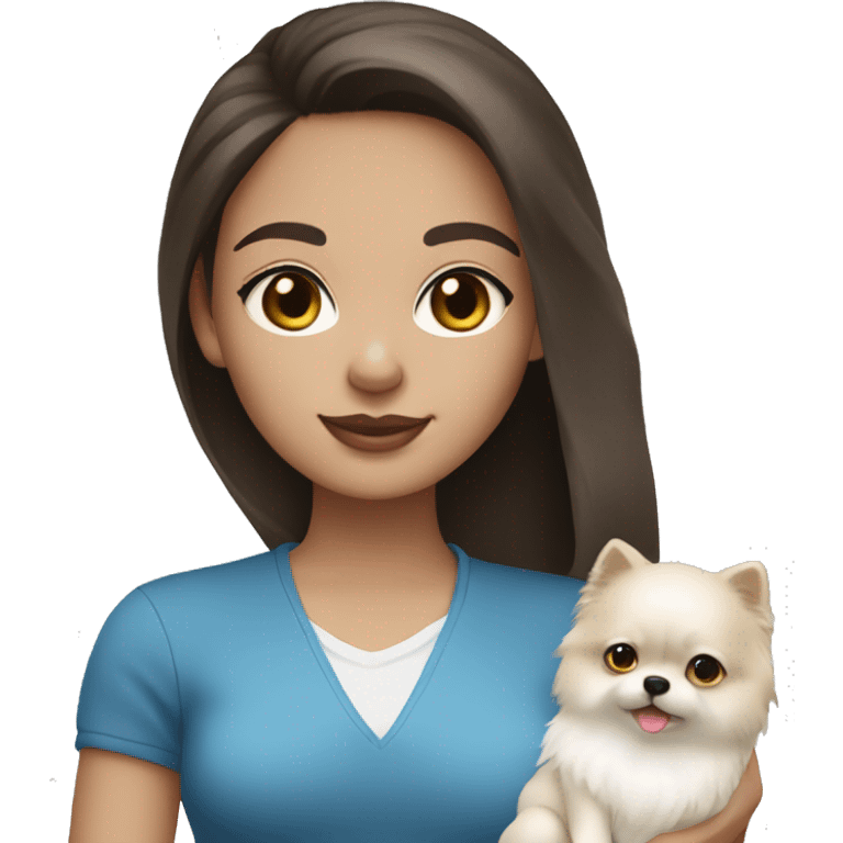 Brunette girl with light skin and blue eyes holding a white pomeranian  emoji