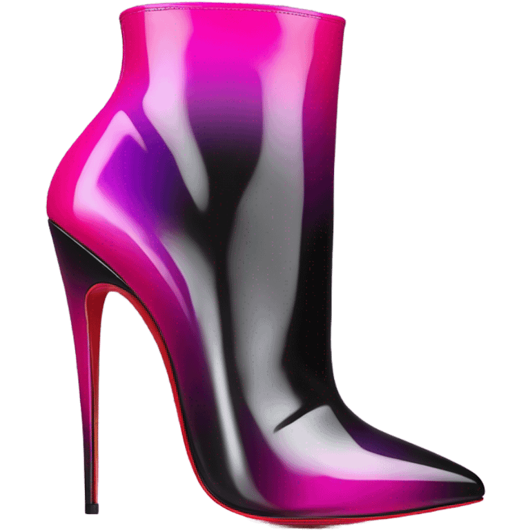 Realistic isolated front view of a pair of Louboutin Black,Silver,and Hot Pink Ombre stiletto high heel ankle bootie boots.  emoji