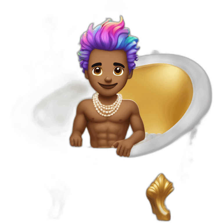 posh-muscle-boy-with-pearl-necklace-and-rainbow-unicorn-hair-in-golden-bathtub emoji