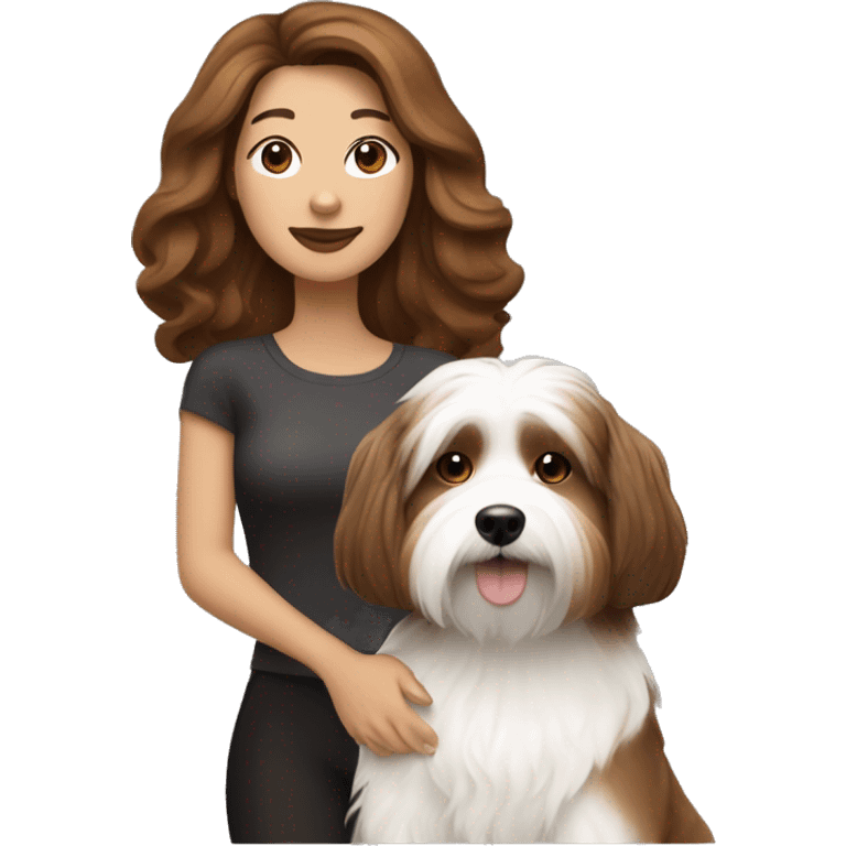 caramel skinned middle aged woman with brown hair, with black+white havanese dog emoji