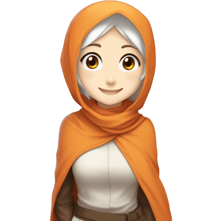 anime girl hijab gummy smile sweet white skinned peanime female adventurer in orange clothes half waveing hand emoji