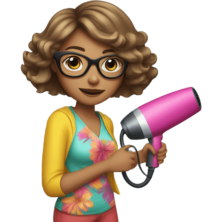 girl white with short shoulder-length hair and glasses holding a hairdryer in one hand and scissors in the other, wearing a colorful outfit emoji