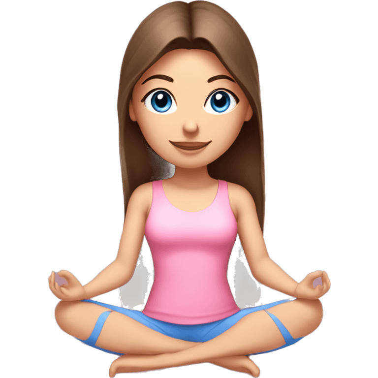 Brunette long hair and bright blue eyes yoga beautiful girl in light pink pink pink clothes sitting on a yoga mat emoji