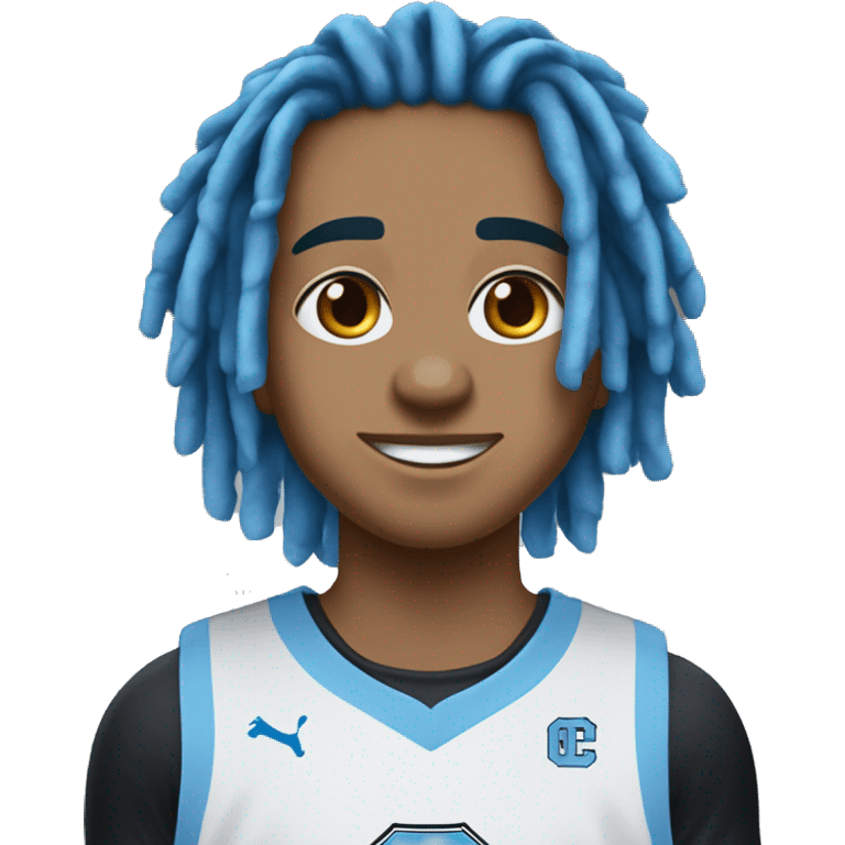 young lightskin male with medium length black freeform dreads and a university of north carolina blue basketball jersey wearing number 3 emoji