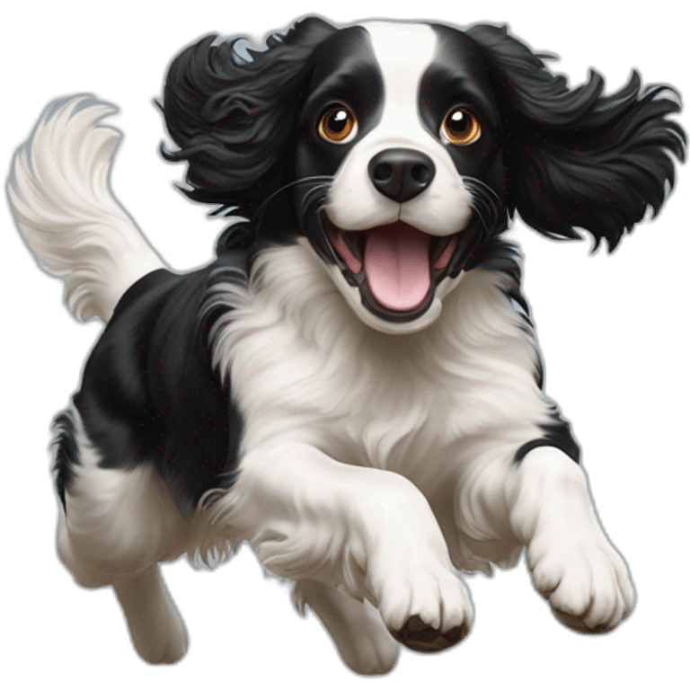 Black and white spaniel jumping for a stick  emoji