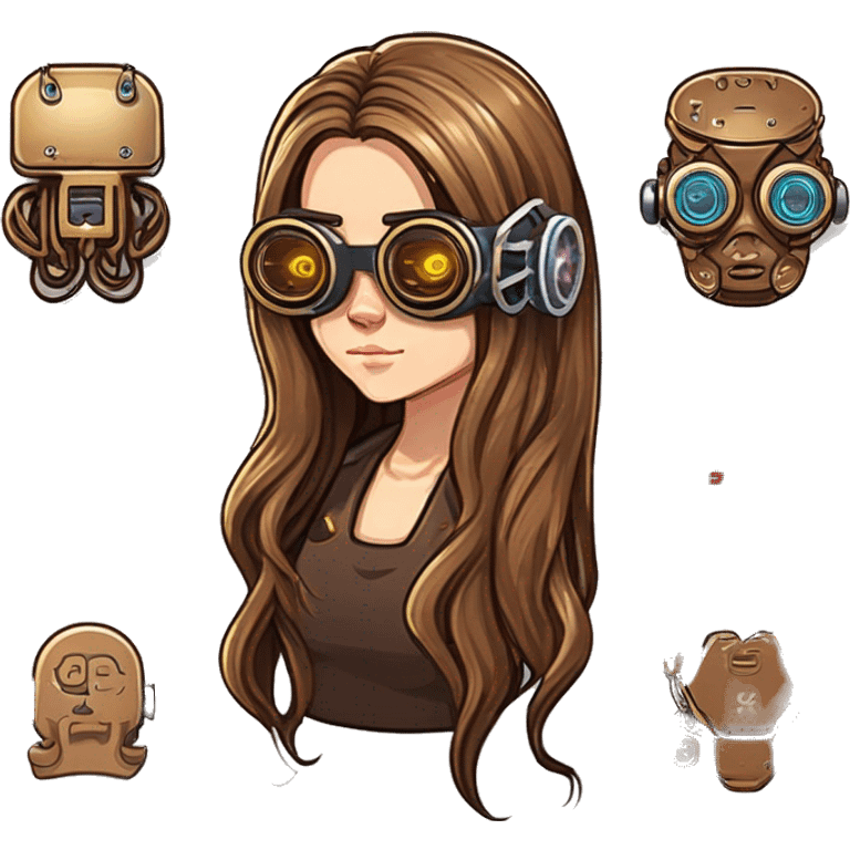 Brown long hair with blonde steaks female cyborg head, fair skin, steampunk goggles and circuits emoji