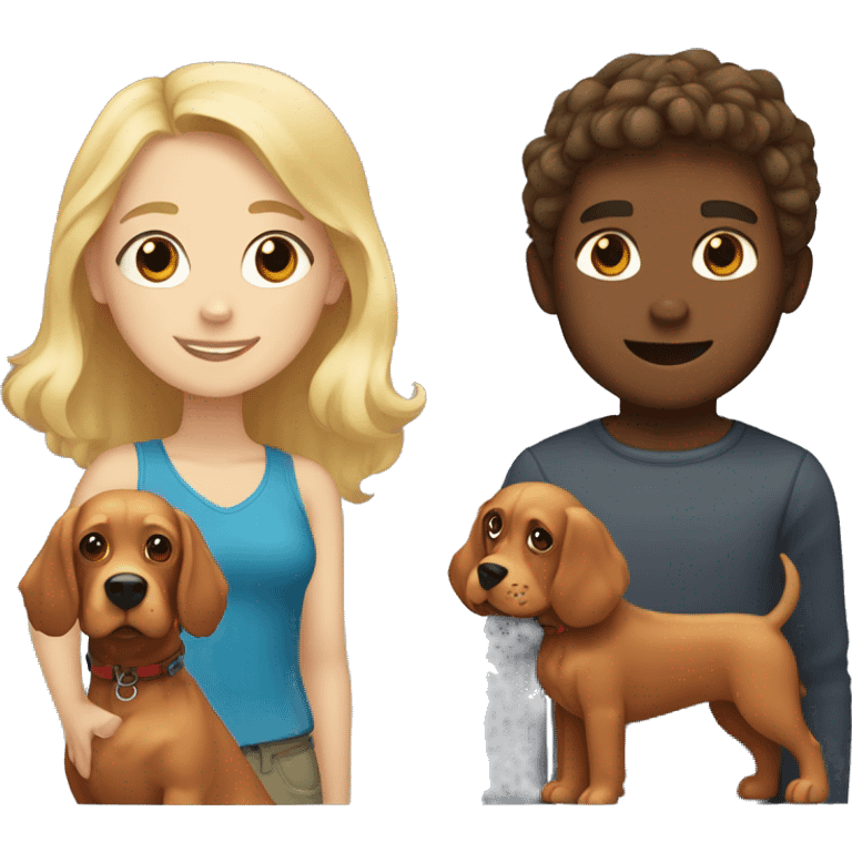 blonde-haired girl and brown-haired boy with a red cocker spaniel emoji