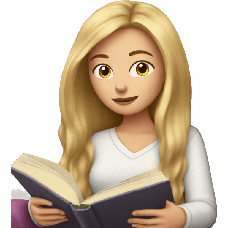 long hair white girl reading a book in cozy chair  emoji