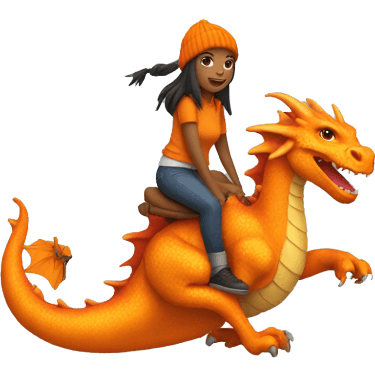 Girl with orange beanie riding an orange dragon emoji