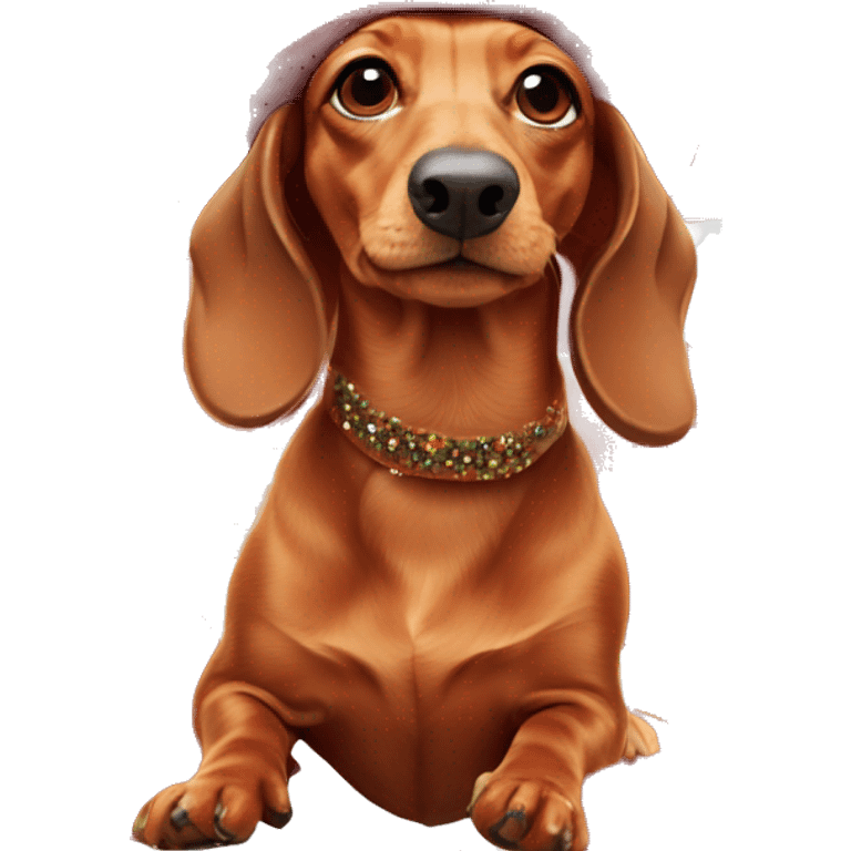 red dachshund in a New Year's ball and hat emoji