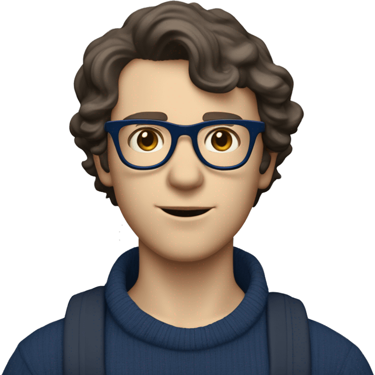 caucasian white boy with dark wavy  hair, blue glasses, and carrying design paper plan because he is an architect carrying a pencil and a set model maquette. wearing a navy blue long sleeve sweater shirt. smart.  emoji