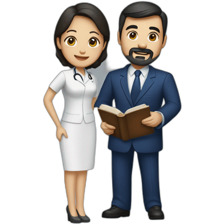 husband middle aged executive classic dark hair thin beard wearing dark blue business suit and bible, with wife filipina nurse age 55 dark hair emoji