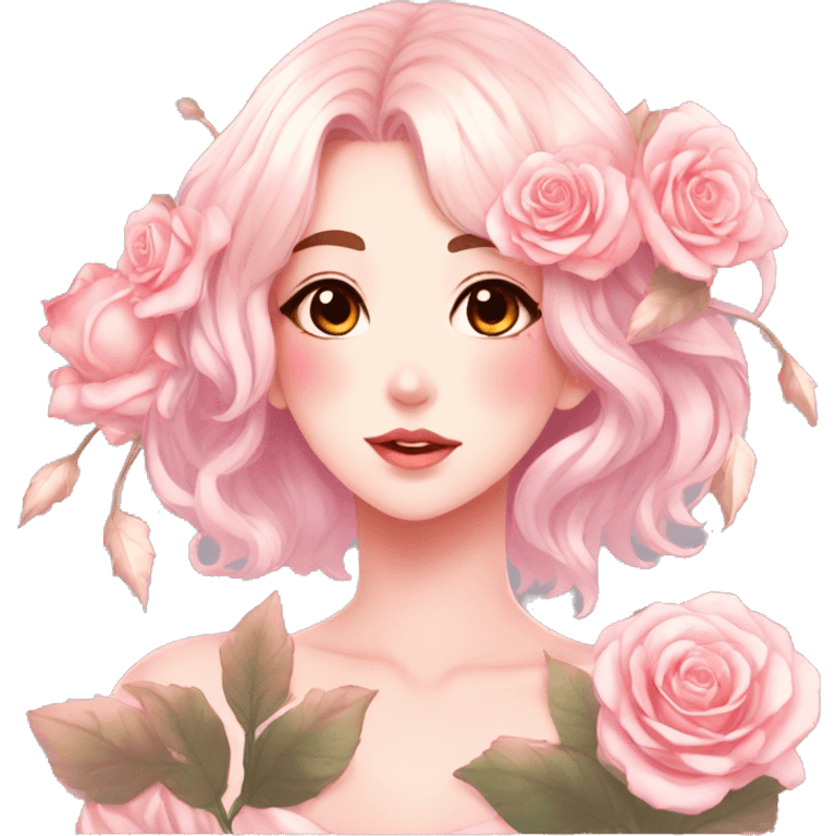 Gorgeous shiny pastel anime style lady with blushing face and roses leaves shiny aesthetic trending style emoji