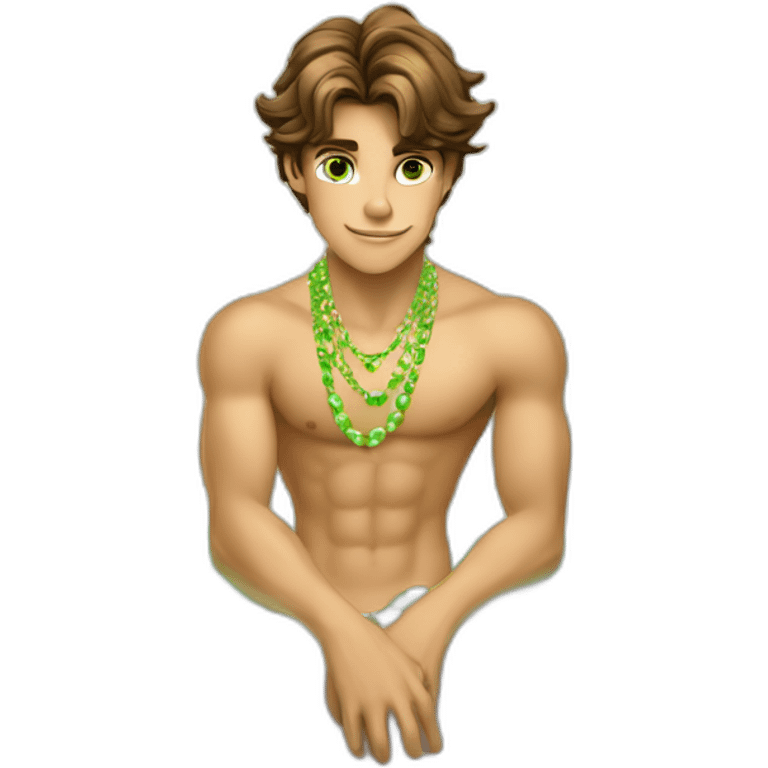 Posh-muscle-boy-brown-hair-green-eyes-pearl-necklace-in-golden-bathtub emoji