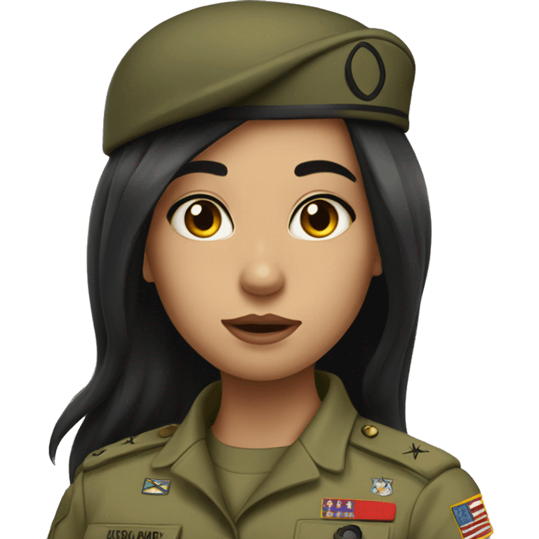 army girl with long black hair nad Bazel eyes emoji