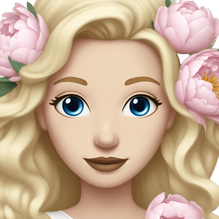 White bride with long light blonde hair and blue eyes with light pink peonies in hair white skin  emoji