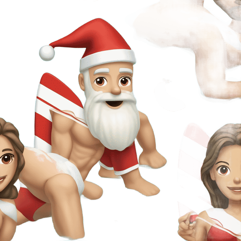 Santa a white man, traditional at the beach with a swim top for women on a surf board, wearing a woman’s swim top. Make him also flamboyant with a big white beard. Santa is Lebanese emoji