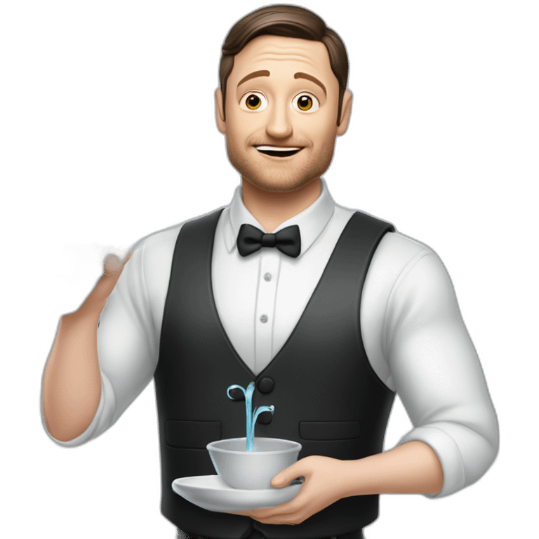 tim robinson dark black slicked back hair white long sleeve shirt with a light grey vest pouring water on a steak emoji