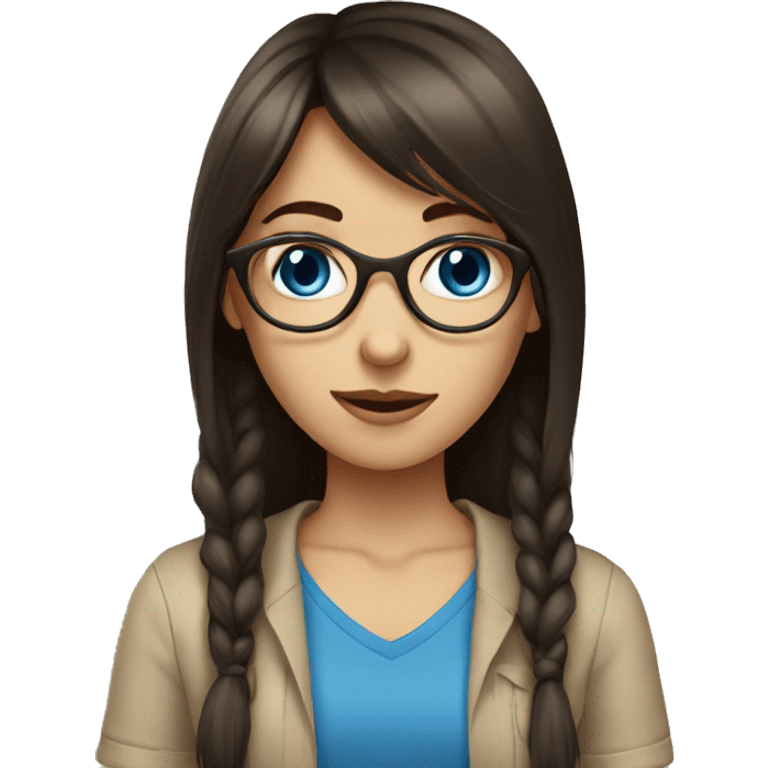 Dark brown long hair bangs girl with blue eyes, in beige shirt and glasses emoji