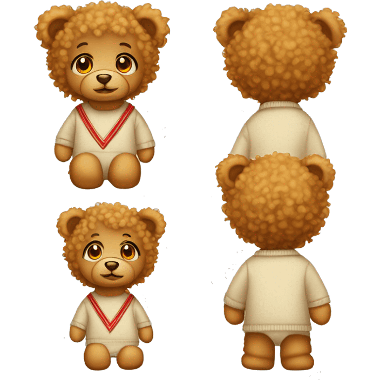 Light coloured curly haired. Orange eyed teddy bear wearing a beige sweater with a red heart in the middle.  emoji