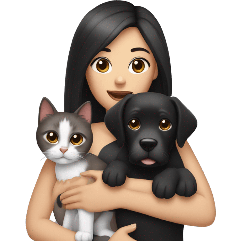 A white woman with long straight black hair and dark brown eyes, holding a mixed-breed dog and a cute cat in her lap. emoji