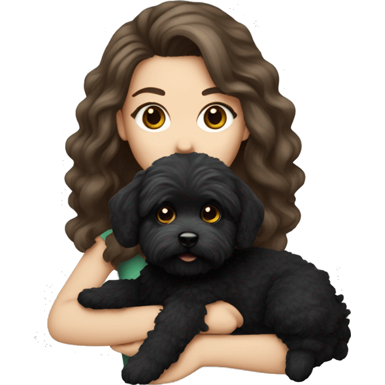 Caucasian Brunette girl long hair and hazel eyes, holding a black maltipoo emoji