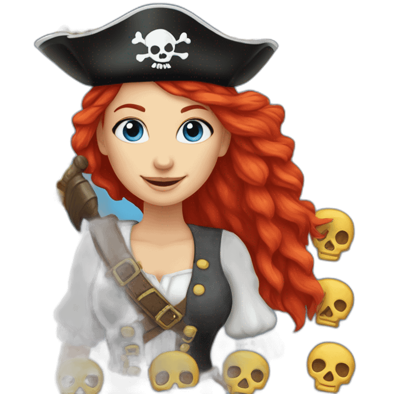 Woman long red platted hair hair only on one side of head, pirate hat. One side of head has no hair. Blue eyes. skull and crossbones t shirt emoji