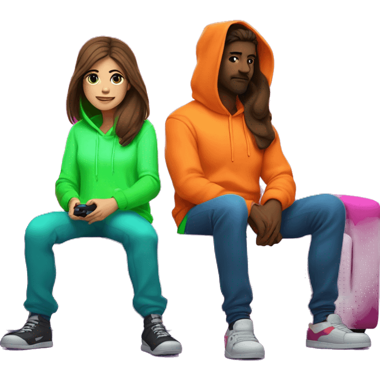 Female girl with long brown hair in neon hoodie .gaming with male guy shaved brown hair and short scruff with neon hoodie . Sitting on a sofa with a TV in a gamer neon room.  emoji