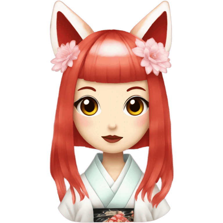 hime gyaru girl, kimono, short red hair, kitsune mask emoji