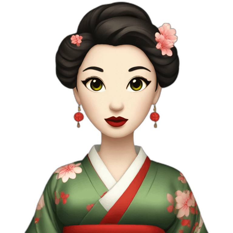 woman dark Brown hair dark Green eyes red lips geisha emoji