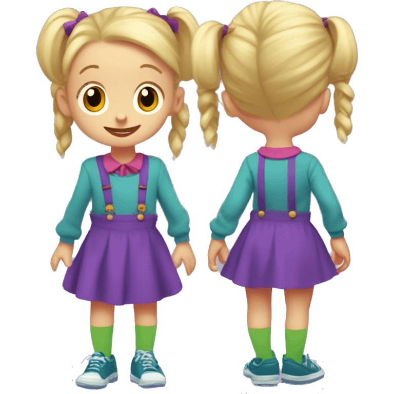 A little blonde girl with pigtails and little purple bows wearing a red long-sleeved shirt and purple overalls skirt with blue tights with green polka dots and purple sneakers, full body, rugrats emoji