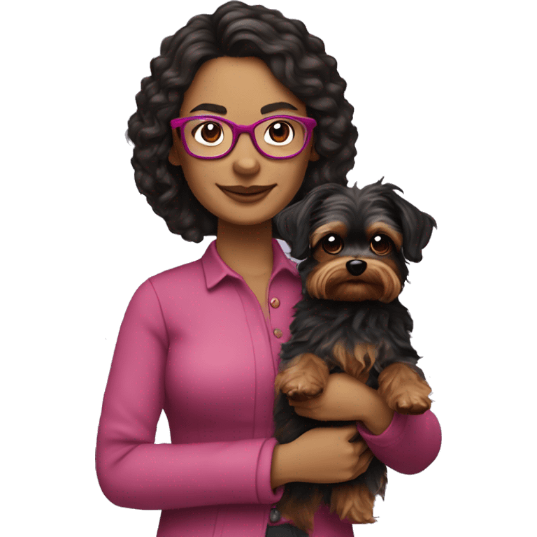 40 years old woman with dark brown long hair ,slidly curly wearing glasses with a dark pink frames  holding a yorkie dog emoji