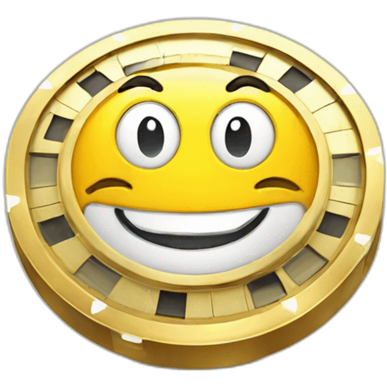 a casino chip mascot with cartoon happy face emoji