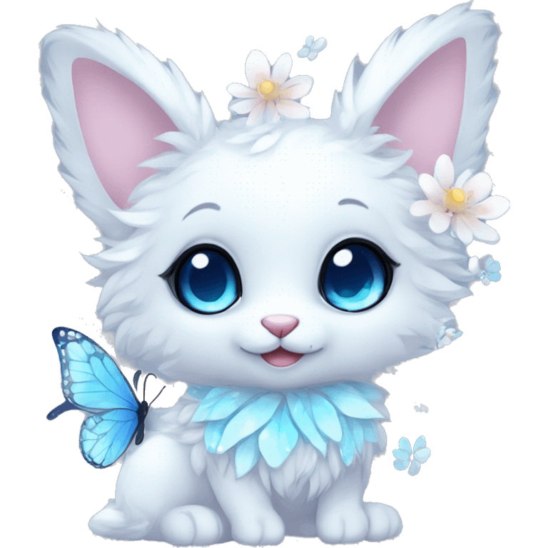 Anthro Cute Cool Kawaii gorgeous sparkly ethereal white fantasy animal creature with blue eyes furry sona with flowers and butterflies beautiful aesthetic emoji