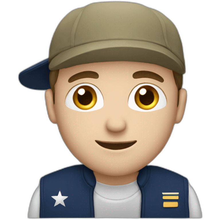 european guy wearing navy cap using laptop emoji