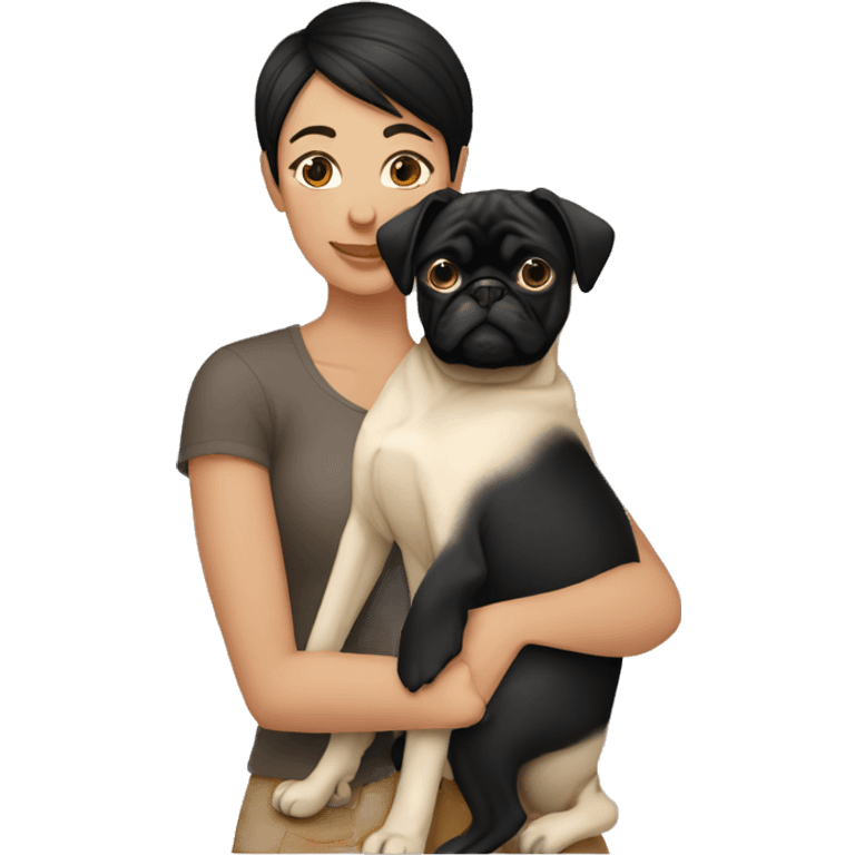 Lesbian woman Black short hair causacian sking hugging a pug emoji