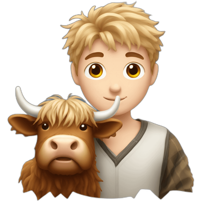 White brunette boy with fluffy highland cow emoji