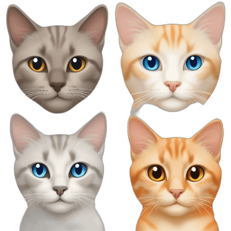 three cats, one grey lynx point siamese cat with blue eyes, one orange and white tabby cat, and one all orange cat with orange eyes emoji