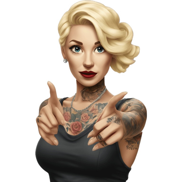 Blonde elegant women, her Body Covered with Tattoos, POINTING YOU with her HAND , Hyper realistic emoji