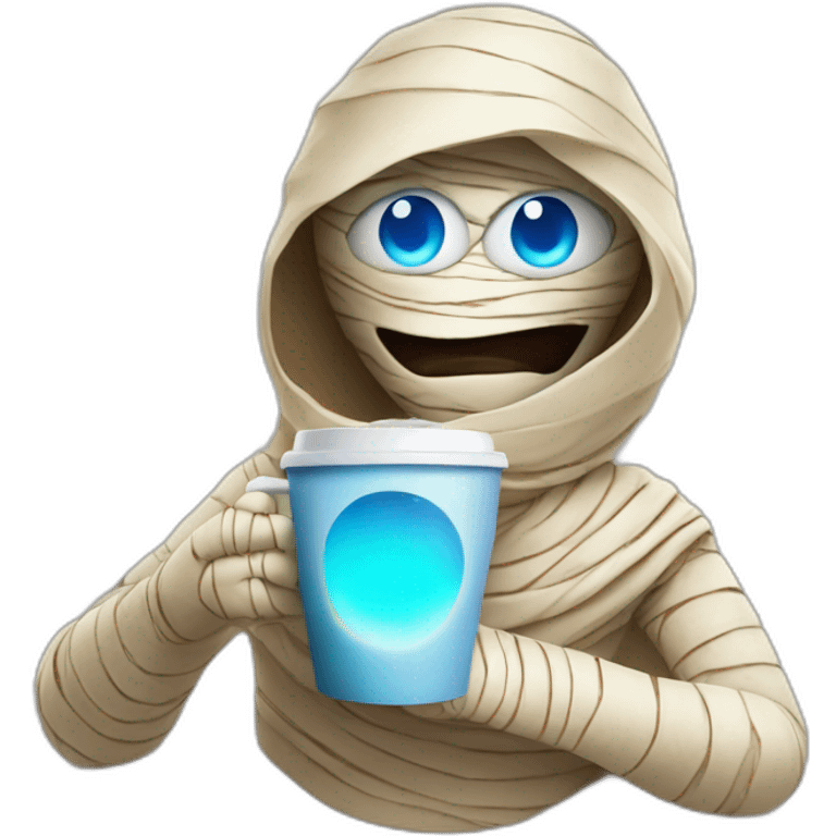 a mummy with blue eyes that are glowing holding coffee emoji