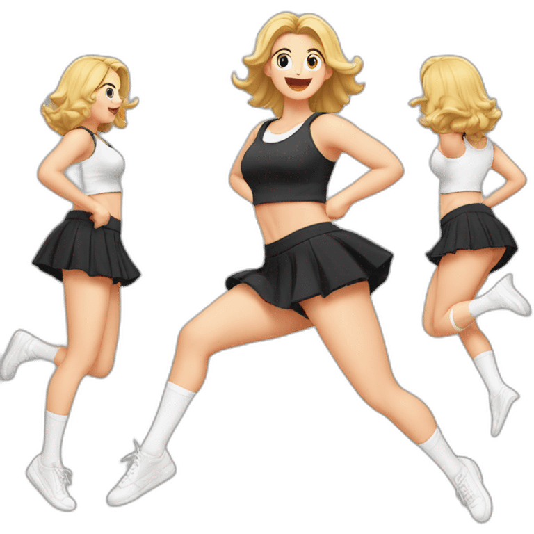 full-body-caucasian-curvy-beauty-jumping-short-black-skirt-back-and-front-views-strong-wind-white-knickers-long-white-socks emoji