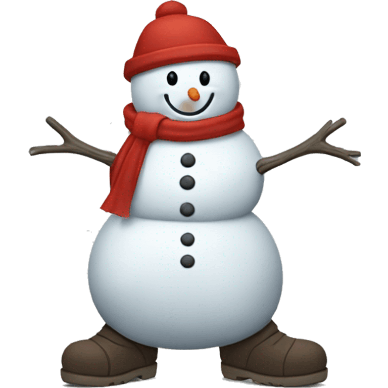 A snowman trying not to melt wearing a red trench coat and snow boots emoji