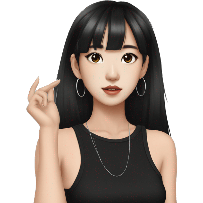 Korean girl, black tank top, black hair, black eyes, layered hair, cool girl, aesthetic, long hair, hime cut, blunt bangs, small silver hoop earrings emoji