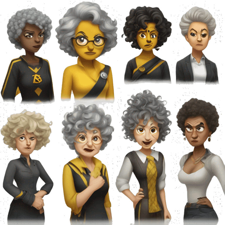 old, curvy woman, hufflepuff, grey and curly and wild hair, madame sprout, angry emoji